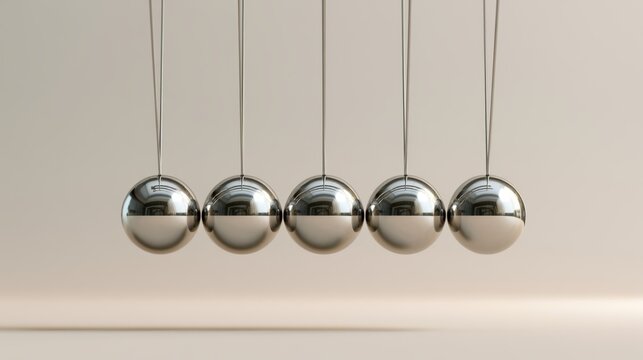 Close-up of five shiny silver metal spheres suspended in a row demonstrating motion and physics concept of momentum in a minimalistic neutral background