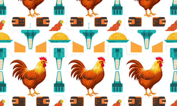 Rooster chicken poultry pattern featuring stylized farm technology icons and grain bowls on a bright white background for branding