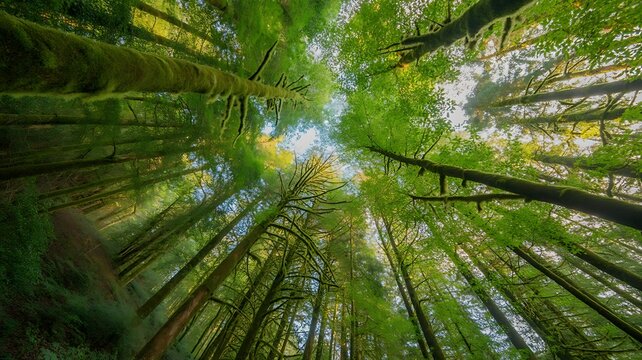 Low angle perspective looking up at tall forest trees with mossy trunks and lush green leaves reaching towards the bright sky in the woods