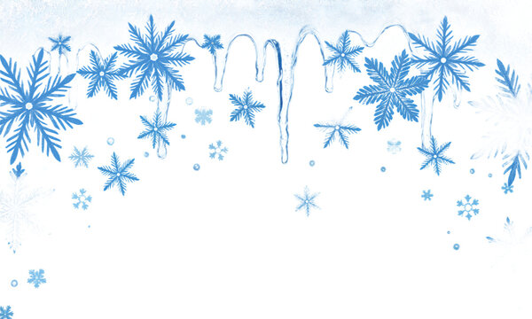 Snowflakes icicles border featuring blue crystal winter elements isolated on a transparent background for christmas holiday design