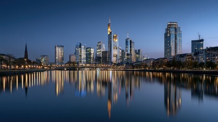 Naklejka premium Panoramic night view of modern city skyline with illuminated skyscraper reflections on calm river water under clear dark blue sky