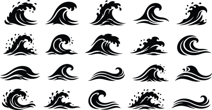 Ocean water wave vector set featuring sea swells surf ripples and curling tide splash silhouette icons for marine design