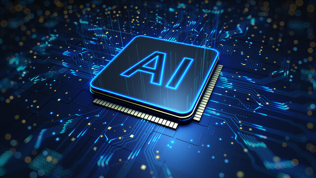 Futuristic AI Processor Chip Connected To A High Speed Digital Circuit Board Representing Artificial Intelligence Computing And Advanced Technology, 3d rendering