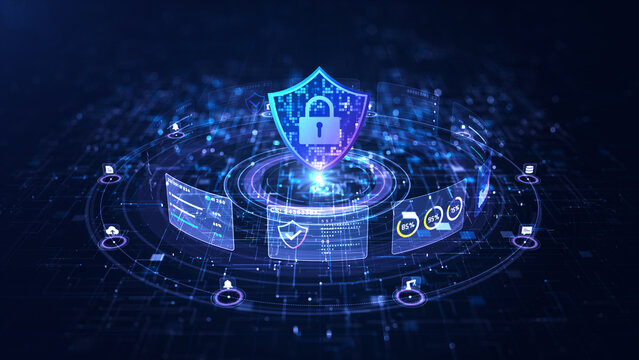 Futuristic Cyber Security Shield Protecting Digital Data And Network Infrastructure With Advanced Encryption Technology And Secure Information Systems, 3d rendering