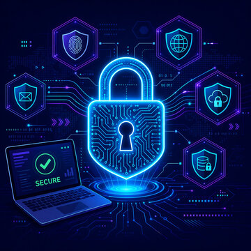 Cyber security technology concept featuring glowing padlock laptop network protection digital data privacy and safety system