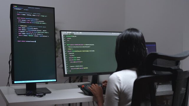 Woman works at a desk with two screens of program code, typing at a mechanical keyboard in a modern office.