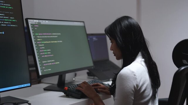 Woman types at a keyboard while reading lines of program code on her monitor at a desk in a modern office.