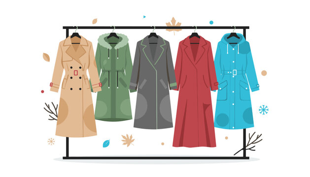 Stylish collection of various winter coats including trenches and parkas arranged on a clothing rack for fashion retail or seasonal clothing shopping advertisements.