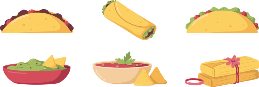 Traditional Mexican Food Vector Icon Set Featuring Tacos, Burrito, Guacamole, Salsa Dip with Nachos, and Tamales for Restaurant Menu Graphic Designs