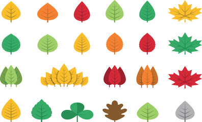 Fototapeta premium Autumn and Summer Leaf Vector Icon Set Featuring Colorful Maple, Oak, Birch, Clover, and Foliage for Nature Landscape Environment Graphic Designs
