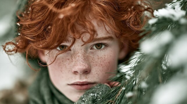 A young person with red hair peeks through snowcovered branches.
