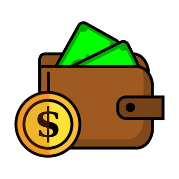 Leather wallet with gold dollar coin vector icon for PPOB top up balance, e-wallet UI, and cashback reward