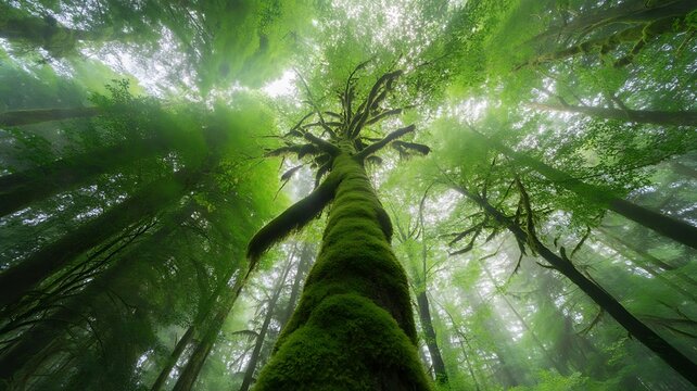 Old growth tree trunk heavily coated in vibrant green moss rising into a foggy canopy in a tranquil and mysterious temperate rainforest