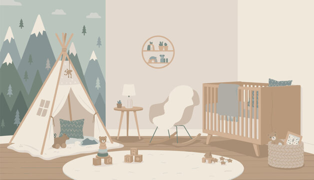 Cozy nursery room features wooden crib and charming teepee tent with mountain wallpaper for pleasant childhood atmosphere.