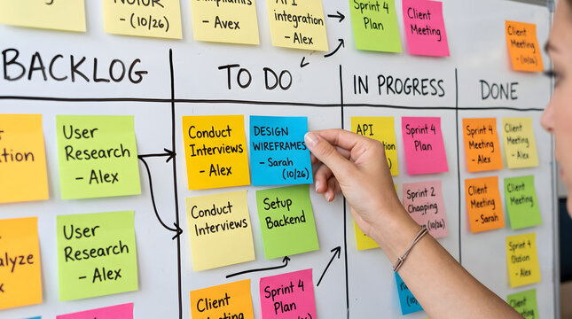 Young Woman Organizing Colorful Sticky Notes for Project Collaboration and Agile Scrum Development on Whiteboard