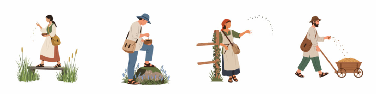 Set of four flat illustrations of farmers in rustic clothing sowing seeds and performing rural tasks, isolated on a white background.