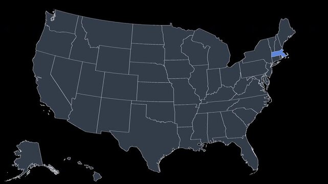 Massachusetts Flashing Blue on US Election Map Animation Alpha 4K