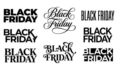 Fototapeta premium Black Friday lettering logo collection featuring modern bold typography and cursive calligraphy on white background