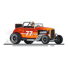 Obraz premium Vintage Hot Rod Car Speeding on Race Track, Retro Vector Illustration