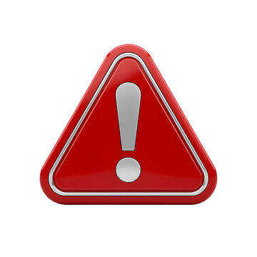 Shiny red glossy triangular warning sign featuring silver exclamation mark icon rendered on transparent background