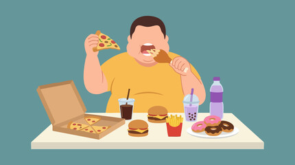 Illustration of an obese person overeating fast food and sugary snacks