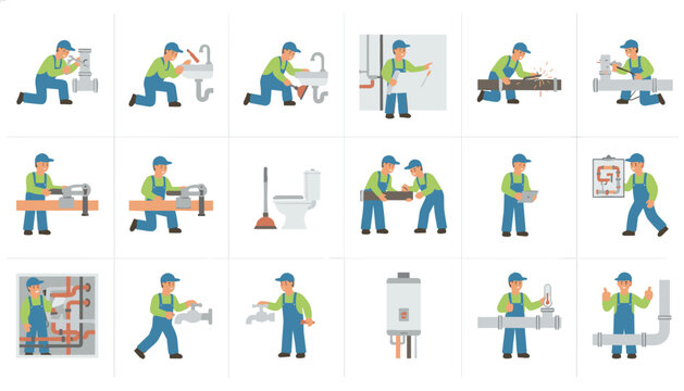 Skilled plumbers perform various maintenance tasks like fixing leaky pipes and toilets in this comprehensive illustration of plumbing services.