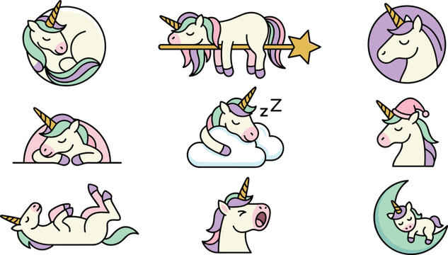 Cute unicorn cartoon vector illustration collection featuring sleeping, peeking, dreaming, yawning, resting on clouds and magical fantasy character poses isolated on white background