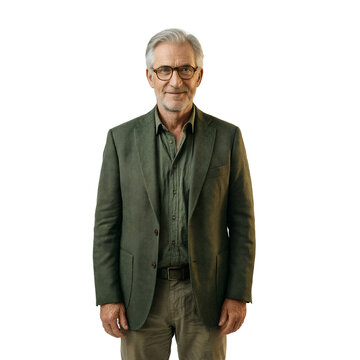 Senior man portrait isolated professional 72 year old Caucasian male wearing forest green blazer standing on a transparent background