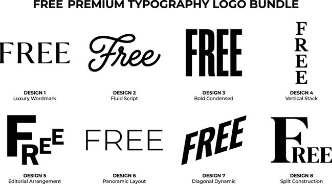Free Premium Typography Logo Bundle Featuring Various Creative Layouts, Script Fonts, and Bold Geometric Text Designs for Modern Graphic Design Branding Templates