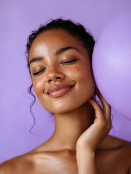 Smiling woman with closed eyes holding purple balloon on pastel background for self care and lifestyle banner design