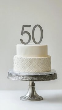 Elegant white two-tier anniversary cake with quilted design and silver 50 topper