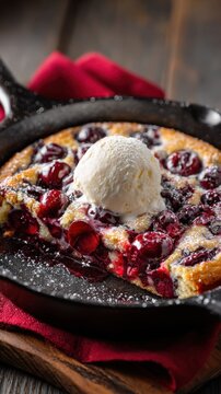 Cherry cobbler with ice cream in a cast iron skillet on rustic wood table
