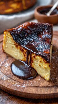 Rich basque cheesecake slice topped with chocolate sauce on wooden plate