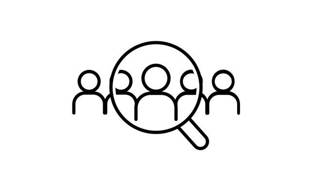 A magnifying glass over a group of people icon symbolizing talent recruitment, audience research, team analysis, and demographic investigation study