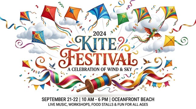 Colorful kite festival poster design. Summer outdoor event banner with flying kites.