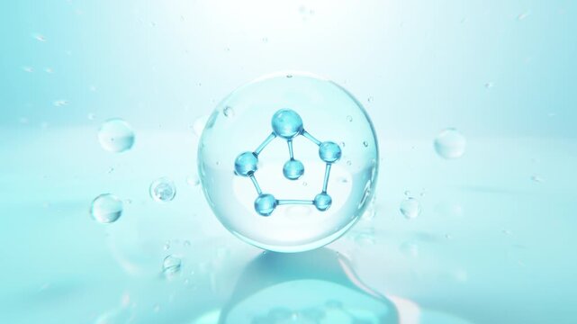 Photorealistic 3D animation of a hyaluronic acid molecule suspended inside a transparent blue serum bubble, representing hydration, moisture, skincare science, beauty, and cosmetic innovation.