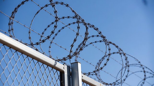 Sharp razor wire coils mounted on a chain link fence against a clear blue sky representing security, prison, border control, or restricted areas