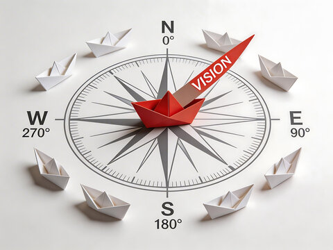 Paper boats on compass with red vision boat