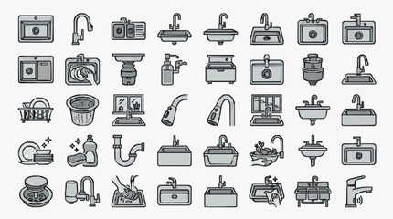 Fototapeta premium Minimalist Black and White Line Icons Set of Various Kitchen and Bathroom Sinks Faucets and Plumbing Fixtures