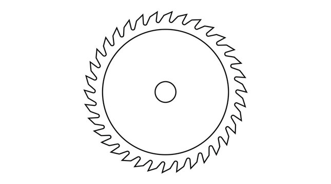 Circular saw blade icon featuring sharp metal teeth shown in a clean simple line art style