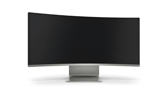 Modern ultra wide curved computer monitor on stand.