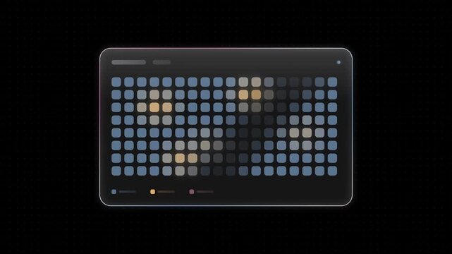 Dynamic glass UI status grid featuring a sleek black background, illuminated azure and rose rim accents, and vibrant content cells showcasing health alerts in warm tones, perfect for modern