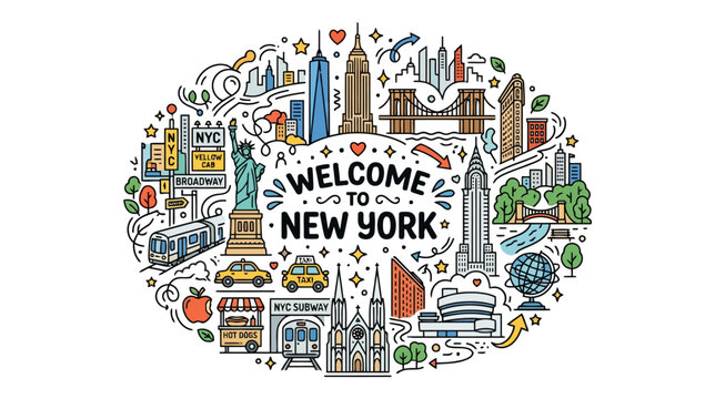 Welcome to New York City Skyline Doodle Art - Iconic Landmarks Montage