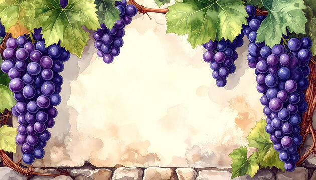 Watercolor illustration of ripe purple grapes and green leaves hanging over a stone wall, creating a decorative border frame with central copy space for wine or harvest-themed designs.