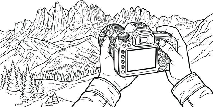 Photographer hands holding professional digital camera capturing beautiful jagged mountain peaks scenery on white background