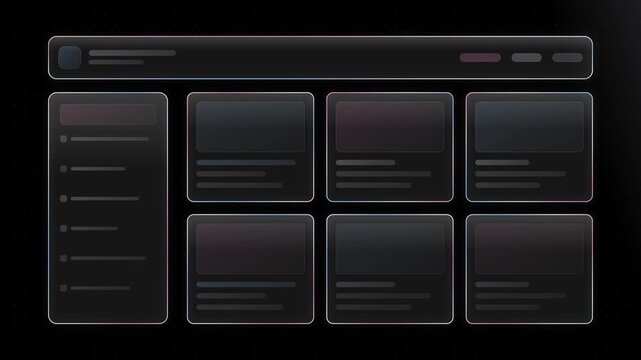 Dynamic Glass UI Skeleton Load Animation Featuring Shimmering Effects and Soft Color Palette of Azure, Rose, and White on a Black Background