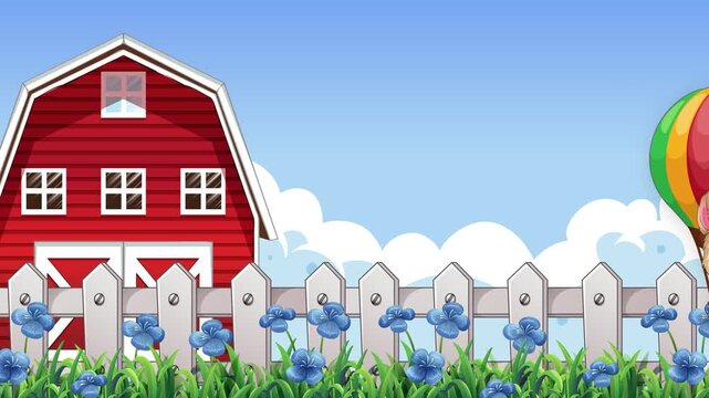 Cartoon Animal in Hot Air Balloon Floating Past Red Farm Barn