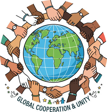 Diverse hands holding together around illustrated globe representing global cooperation and unity on white background