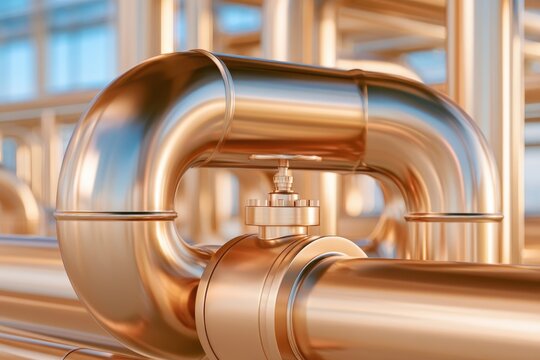 Gleaming industrial pipes and valves in warm metallic tones