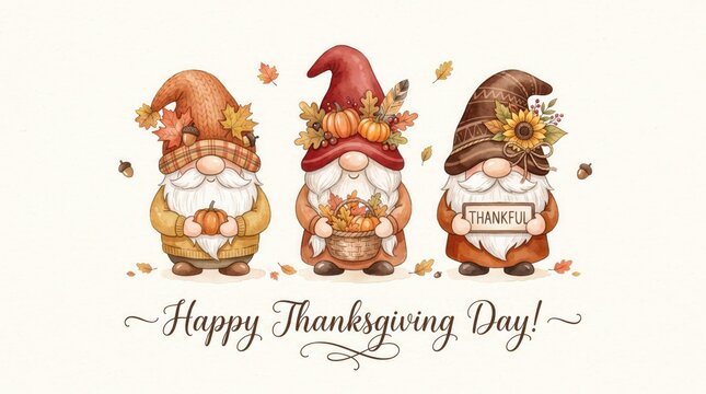 Cute watercolor illustration of three thanksgiving gnomes with pumpkins and sunflowers and happy thanksgiving text